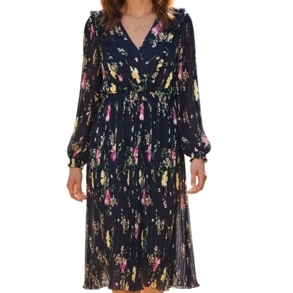 DKNY Floral Pleated Midi Dress Size‎ 10 Navy Long Sleeve V Neck Boho Romantic